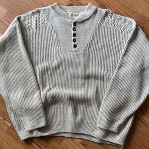 Eddie Bauer Henley Sweater Mens XL Beige Vintage 90s Cotton Knit Made in USA